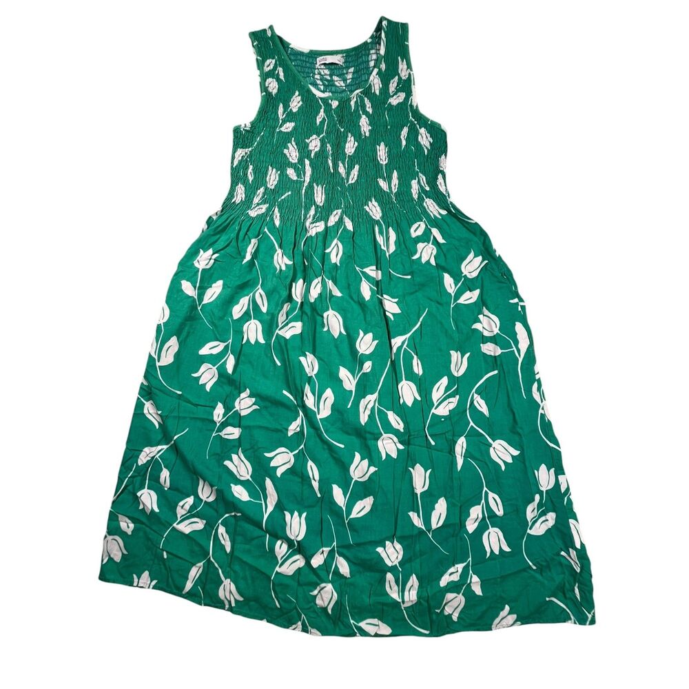Croft & Barrow Women's Dress Large Green Floral Smocked Sleeveless Rayon